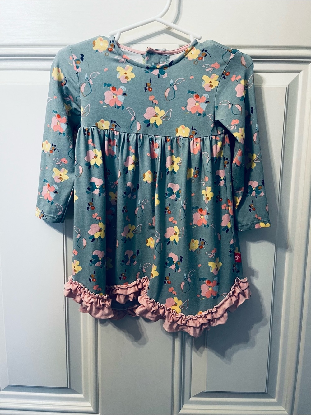 Magnetic Me Teal Floral Dress with Pink Ruffle Trim